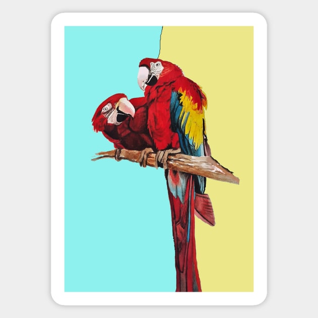 Macaw Parrot Watercolor Painting on Aqua and Yellow Sticker by SarahRajkotwala
